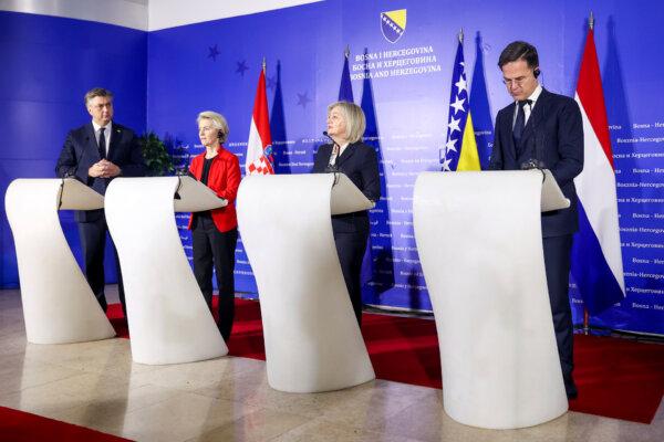The President of the Council of Ministers of Bosnia and Herzegovina, Borjana Kristo, 2nd right, speaks during a joint press conference with the Prime Minister of Croatia, Andrej Plenkovic, left, European Commission President Ursula von der Leyen, 2nd left, and the Prime Minister of the Netherlands, Mark Rutte, after their meeting in Sarajevo, Bosnia, on Jan. 23, 2024. (AP Photo/Armin Durgut)