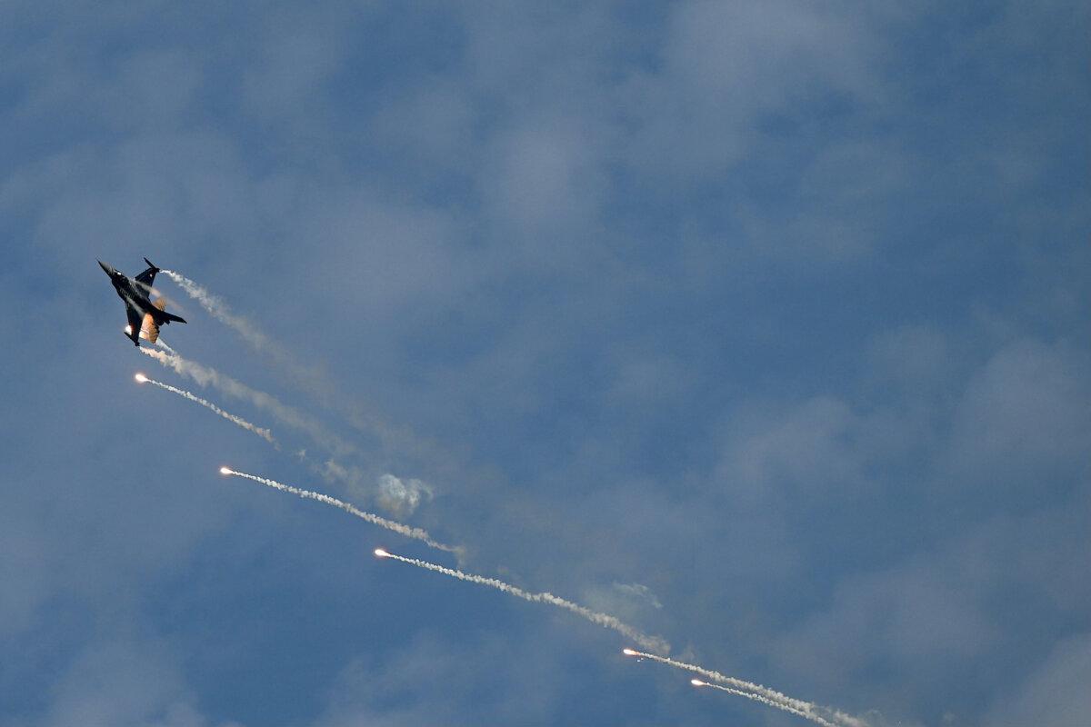 A Turkish Air Force F-16 Fighting Falcon performs, to mark the 100th anniversary of Turkish Republic in Istanbul on Oct. 29, 2023. (Ozan Kose/AFP via Getty Images)