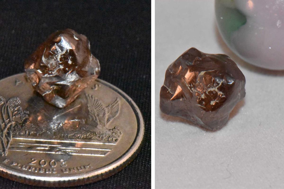 Detail photos showing the diamond to scale with a coin and marble. (Courtesy of Crater of Diamonds State Park)