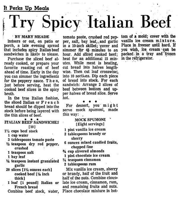 The recipe for Italian beef sandwiches is first mentioned in the Chicago Tribune on May 26, 1962. (File photo/Chicago Tribune/TNS)