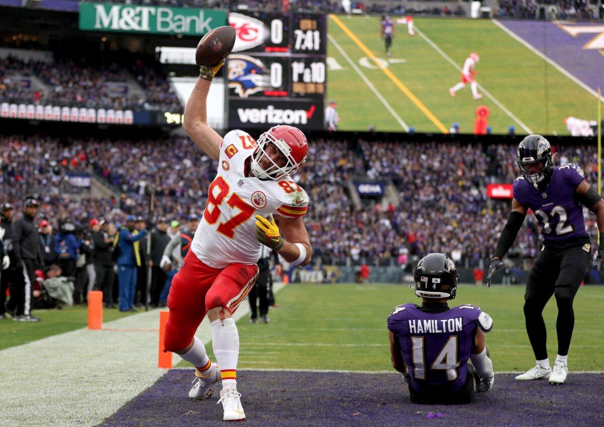 Travis Kelce #87 of the Kansas City Chiefs celebrates after a touchdown against the Baltimore Ravens during the first quarter in the AFC Championship Game at M&T Bank Stadium in Baltimore on Jan. 28, 2024. (Patrick Smith/Getty Images)