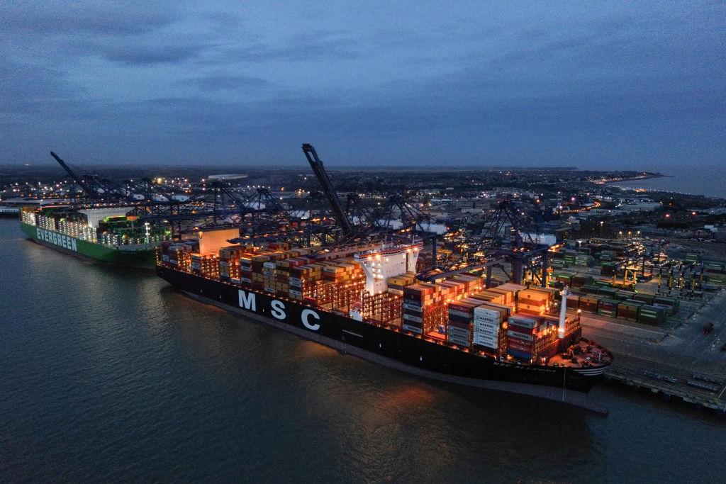 An aerial picture of the MSC Allegra and Ever Atop container ships, docked beside container cranes at the UK's largest freight port, in Felixstowe on the east coast of England, on January 27, 2024. (Ben Stansall/AFP via Getty Images)