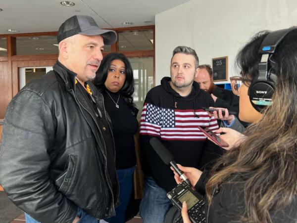 President Joe Biden's objectors—(L to R) Terry Newsome, Peggy Hubbard, and Shane Bouvet—speak with reporters outside the Illinois State Board of Elections office in Springfield, Ill., on Jan. 17, 2024. (Courtesy of Terry Newsome)