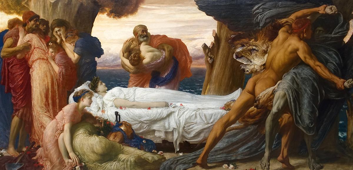 "Hercules (Heracles) Wrestling With Death for the Body of Alcestis," circa 1869–1871, by Frederick Lord Leighton. Oil on canvas. Wadsworth Atheneum, Hartford, Connecticut. (<a href="https://commons.wikimedia.org/wiki/File:Hercules_Wrestling_with_Death_for_the_Body_of_Alcestis,_by_Frederic_Lord_Leighton,_England,_c._1869-1871,_oil_on_canvas_-_Wadsworth_Atheneum_-_Hartford,_CT_-_DSC05068.jpg">Daderot</a>/<a href="https://creativecommons.org/publicdomain/zero/1.0/deed.en">CC0 1.0 DEED</a>)