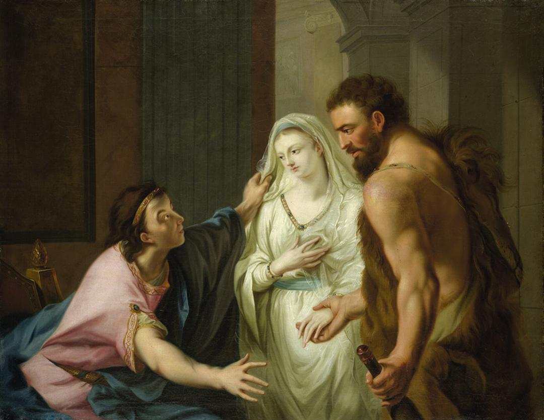Heracles snatches Alcestis from Thanatos, the god of the dead, and brings her to Admetus, from a painting circa 1780 by Johann Heinrich Tischbein. Oil on canvas. Private collection. (Public Domain)
