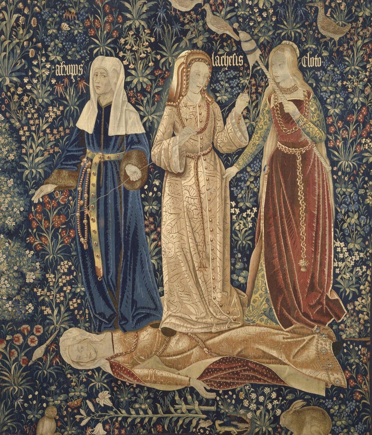 The three Fates (Clotho, Lachesis, and Atropos), who spin, draw out, and cut the thread of life, represent death in the tapestry "The Three Fates," early 16th century, by Flemish tapestry weavers. Victoria and Albert Museum, London. (Public Domain)