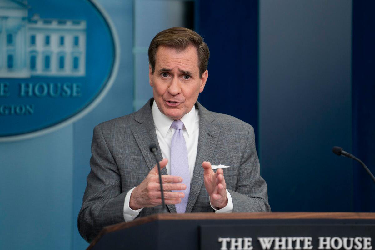 National Security Council Coordinator for Strategic Communications John Kirby speaks during a press briefing at the White House, on Jan. 29, 2024. (Madalina Vasiliu/The Epoch Times)