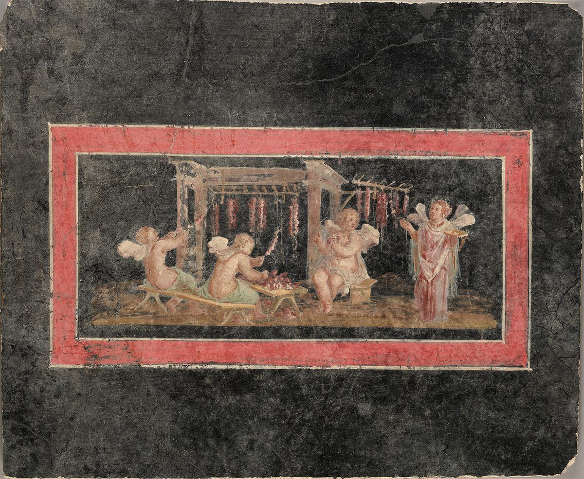 "Fresco Fragment With Four Cupids Hanging Garlands," A.D. 50–A.D. 79, by an unknown artist. Fresco; 14 15/16 inches by 18 1/8 inches by 1 3/4 inches. Getty Villa, Los Angeles. (Public Domain)