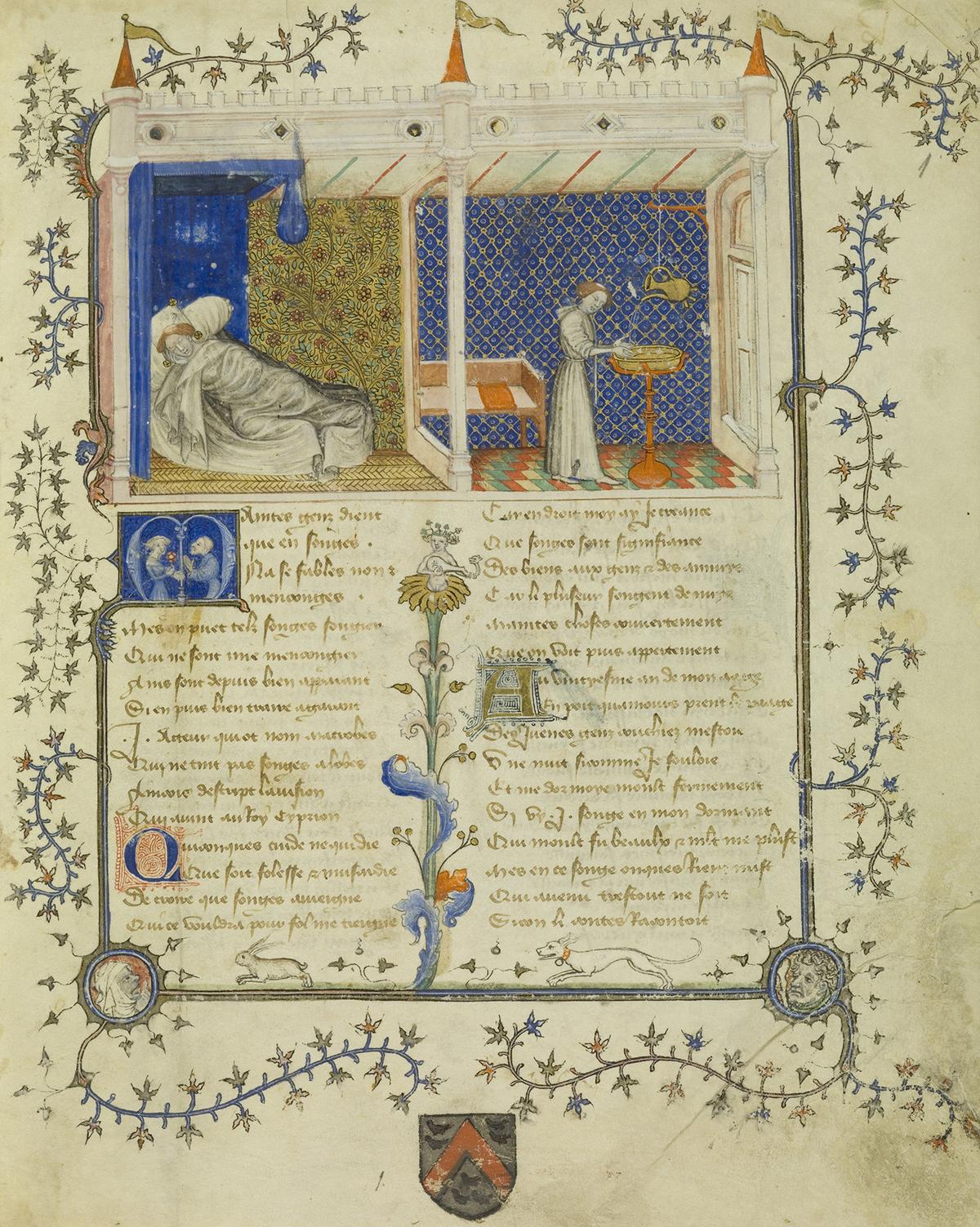 A leaf from “Le Roman de la Rose” ("The Romance of the Rose"), circa 1390, by Guillaume de Lorris and Jean de Maeun. Ink and color on parchment; 11/8 inches by 9.6 inches. National Library of Poland, Warsaw. (Public Domain)