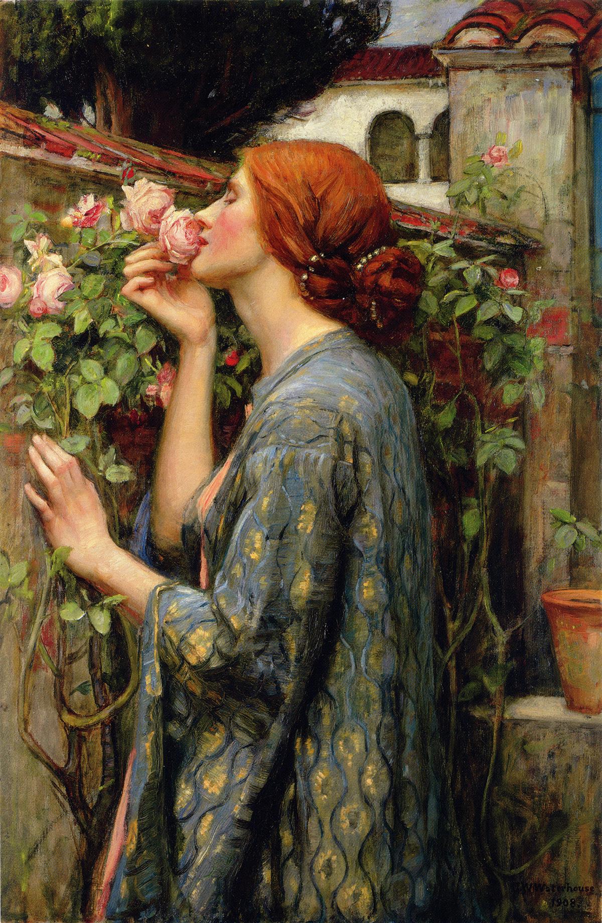 "The Soul of the Rose," 1908, by John William Waterhouse. Oil on canvas; 34 7/10 inches by 23 2/10 inches. Private collection. (Public Domain)