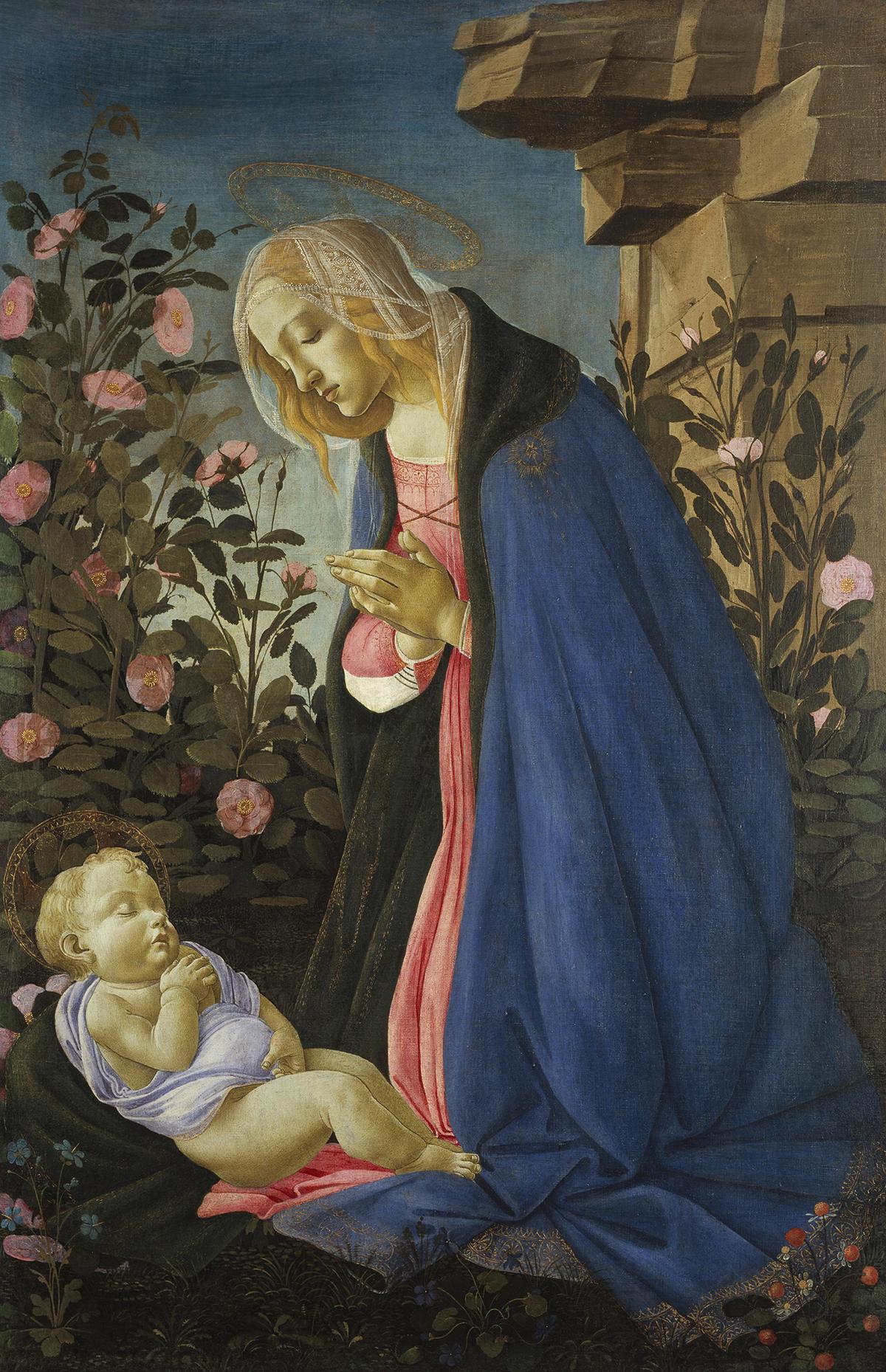"The Virgin Adoring the Sleeping Christ Child," circa 1485, by Sandro Botticelli. Tempera and gold on canvas; 48 inches by 31 3/4 inches. National Galleries of Scotland, Edinburgh. (Public Domain)