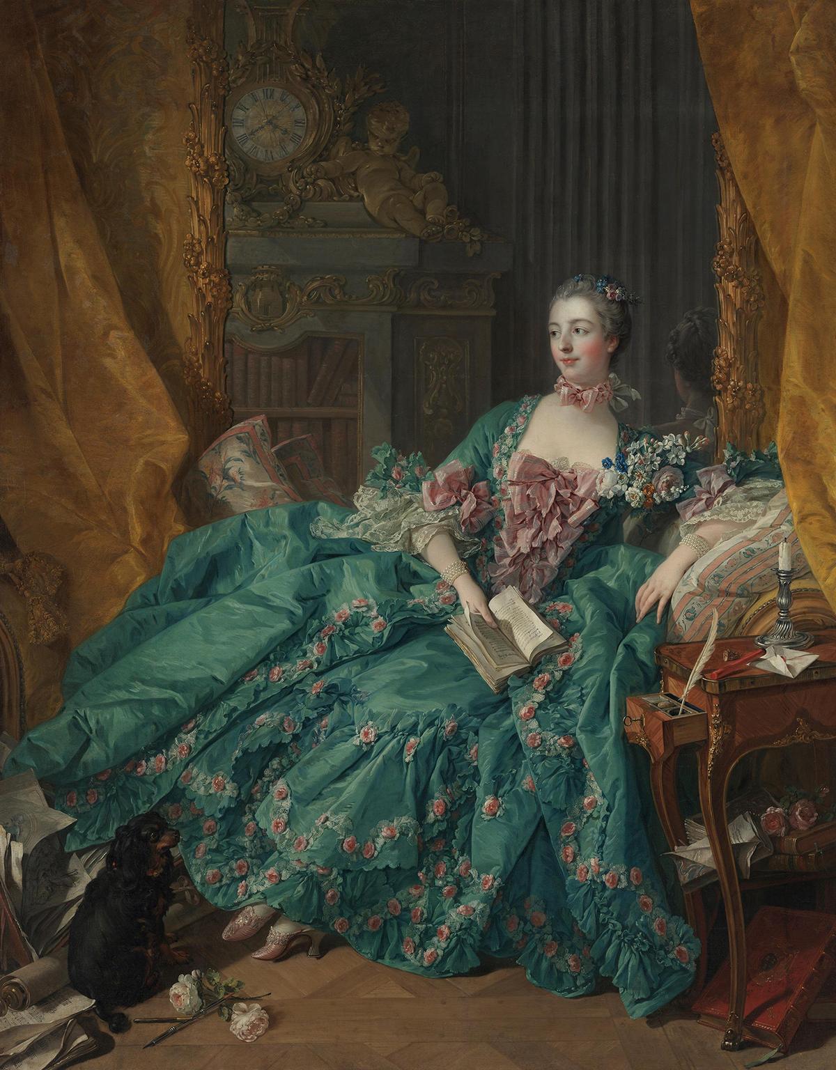 Bức chân dung của Quý bà Pompadour, hoạ sĩ François Boucher, năm 1756. Tranh sơn dầu trên vải canvas; kích thước 79 inch x 61 4/15 inch (~ 201 cm x 156 cm). Bảo tàng Nghệ thuật Alte Pinakothek, thành phố Munich. (Ảnh: Tư liệu công cộng)