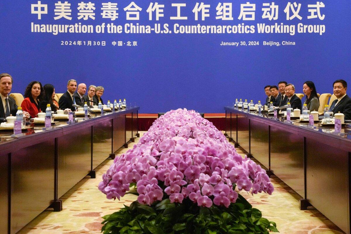 U.S. Deputy Assistant to the President and Deputy Homeland Security Adviser Jen Daskal (2nd L) and Chinese Minister of Public Security Wang Xiaohong (2nd R) attend a meeting at the Diaoyutai State Guesthouse in Beijing on Jan. 30, 2024. (Ng Han Guan/Pool/AFP via Getty Images)