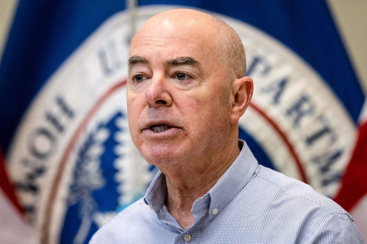 Department of Homeland Security Secretary Alejandro Mayorkas holds a press conference at a U.S. Border Patrol station in Eagle Pass, Texas, on Jan. 8, 2024. (John Moore/Getty Images)