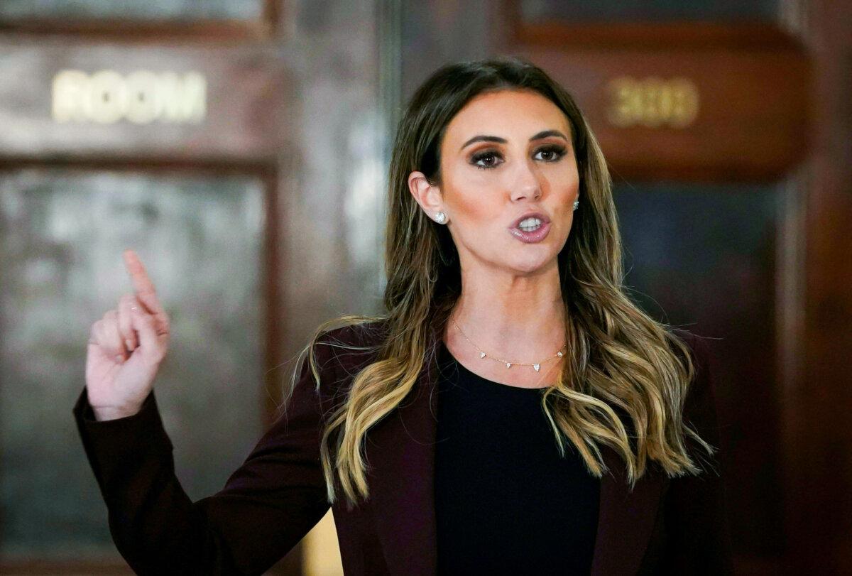 Former President Donald Trump's lawyer Alina Habba takes questions from the press during a break from court in New York on Oct. 17, 2023. (Timothy A. Clary/AFP via Getty Images)