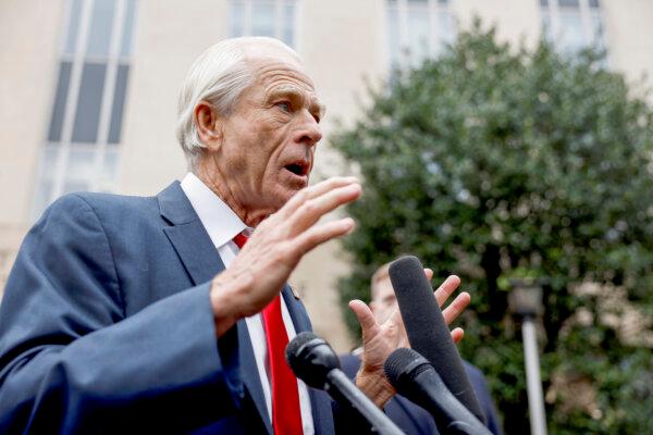 Peter Navarro, a former advisor to former U.S. President Donald Trump, speaks to reporters as he departs the E. Barrett Prettyman Courthouse in Washington on Jan. 25, 2024. (Anna Moneymaker/Getty Images)