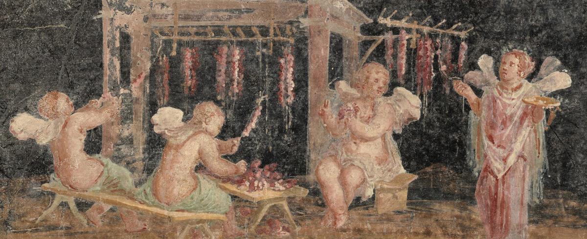 A close-up of the Cupids from "Fresco Fragment With Four Cupids Hanging Garlands," A.D. 50–A.D. 79, by an unknown artist. (Public Domain)
