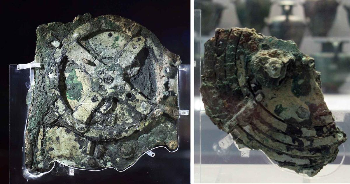 Pieces of the so-called Antikythera Mechanism, circa 150-200 B.C. (Left: Louisa Gouliamaki/AFP via Getty Images; Right: Tilemahos <a href="https://commons.wikimedia.org/wiki/File:The_Antikythera_Mechanism_(3471987204).jpg">Efthimiadis</a>/<a href="https://creativecommons.org/licenses/by/2.0/deed.en">CC BY 2.0 DEED</a>)