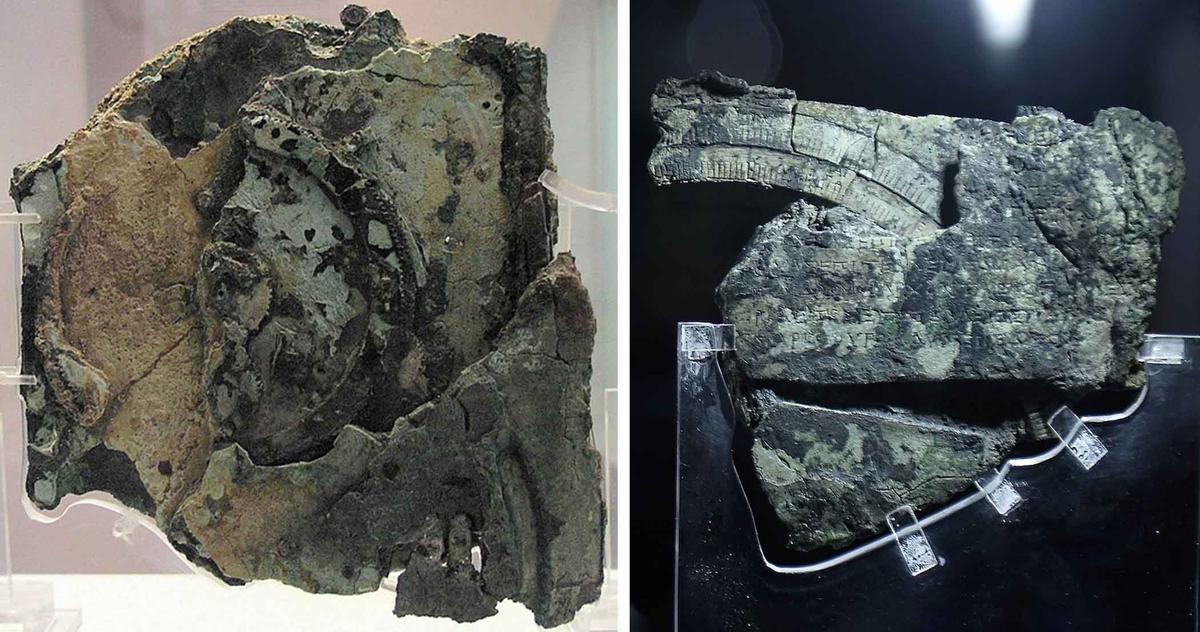 Remnants of what is believed to be the world's earliest computer. (Left: <a href="https://en.wikipedia.org/wiki/File:NAMA_Machine_d%27Anticyth%C3%A8re_4.jpg">Marsyas</a>/<a href="https://creativecommons.org/licenses/by-sa/3.0/deed.en">CC BY-SA 3.0 DEED</a>; Right: Louisa Gouliamaki/AFP via Getty Images)