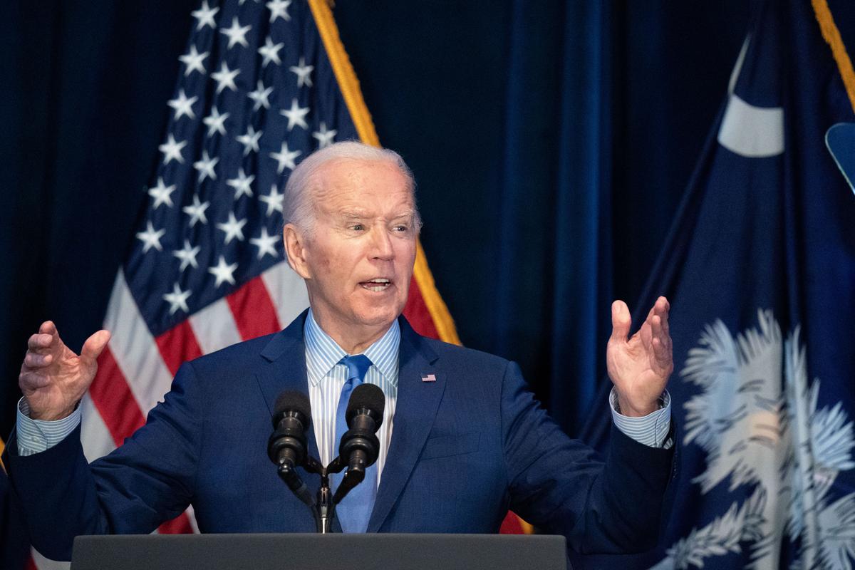 President Joe Biden speaks to a crowd during the South Carolina Democratic Party First in the Nation Celebration and dinner at the state fairgrounds on Jan. 27, 2024 in Columbia, South Carolina. (Sean Rayford/Getty Images)