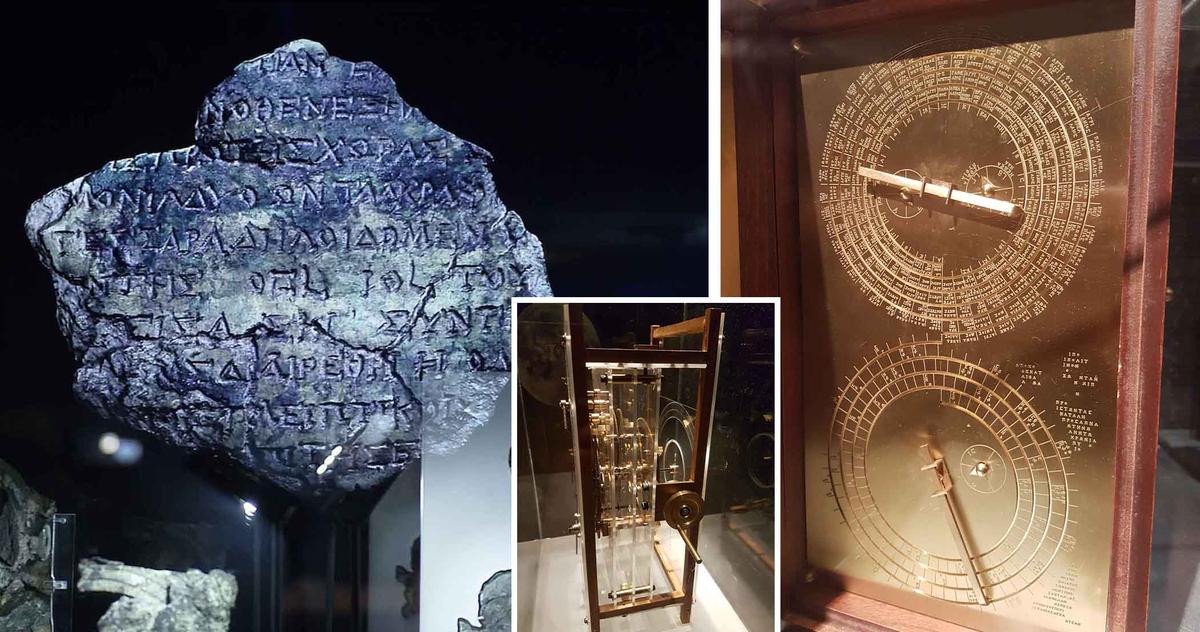 Left: Inscriptions are visible on the Antikythera Mechanism, on display at the Archaeological Museum in Athens. (LOUISA GOULIAMAKI/AFP via Getty Images); Right: An artist's reproduction of the Antikythera Mechanism. (Aristotle University of Thessaloniki) (<a href="https://commons.wikimedia.org/wiki/File:Antikythera_mechanism_clockface,_1st-2nd_century_BC,_Greece_(model).jpg">Gts-tg</a>/<a href="https://creativecommons.org/licenses/by-sa/4.0/deed.en">CC BY-SA 4.0 DEED</a>); Inset: A side side view of an artist's reproduction of the Antikythera Mechanism, Thessaloniki Technology Museum (<a href="https://commons.wikimedia.org/wiki/File:Antikythera_mechanism_right_sideview,_1st-2nd_century_BC,_Greece_(transparent_model).jpg">Gts-tg</a>/<a href="https://creativecommons.org/licenses/by-sa/4.0/deed.en">CC BY-SA 4.0 DEED</a>)