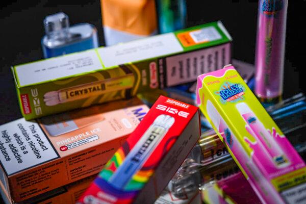 In this photo illustration, a selection of disposable vapes with bright and colourful packaging are seen in London on Jan. 29, 2024. (Leon Neal/Getty Images)