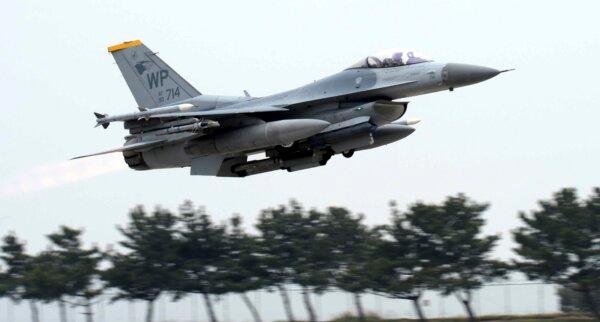 A U.S. Air Force's F-16 fighter takes off during an annual joint air exercise "Max Thunder" between South Korea and the United States at Kunsan Air Base in Gunsan, South Korea, on April 20, 2017. (Go Bum-jun/Newsis via AP)