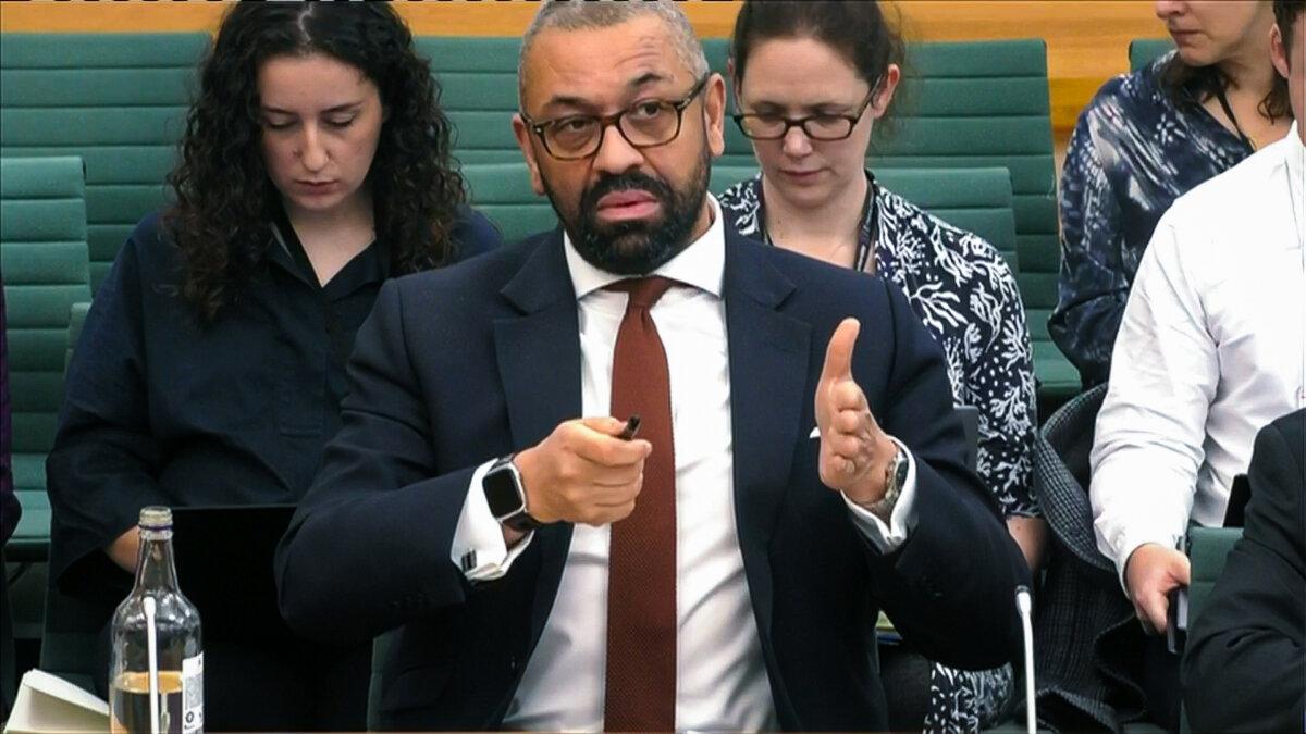 Home Secretary James Cleverly giving evidence to the Home Affairs Committee at the House of Commons in London on Jan. 31, 2024. (PA)