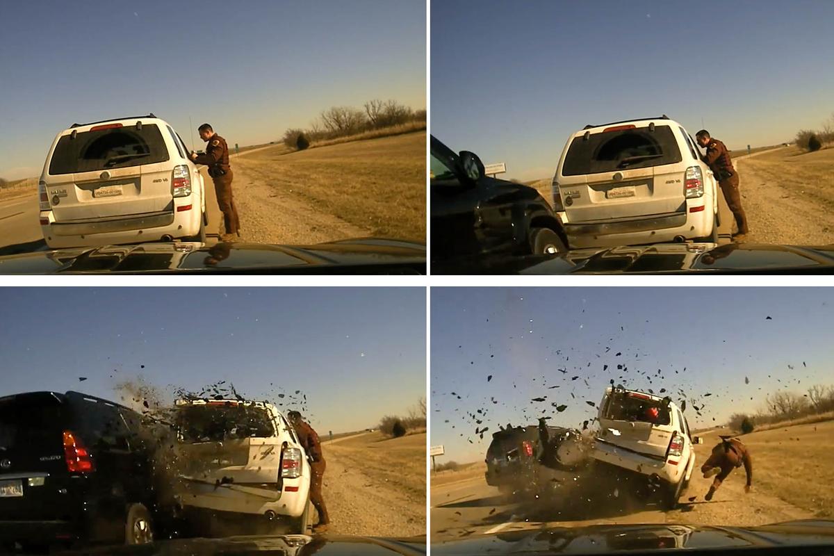 Dashcam footage shows a passing vehicle colliding with the SUV Trooper Gregory had pulled over along Interstate 40 on Wednesday, Jan. 24. (Courtesy of Oklahoma Highway Patrol)