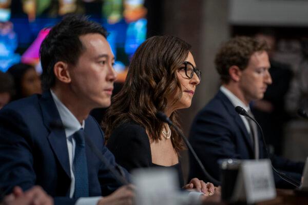 (L–R) TikTok CEO Shou Chew, X CEO Linda Yaccarino, and Meta founder and CEO Mark Zuckerberg testify before the Senate Judiciary Committee about big tech and the online child sexual exploitation crisis in Washington on Jan. 31, 2024. (Madalina Vasiliu/The Epoch Times)