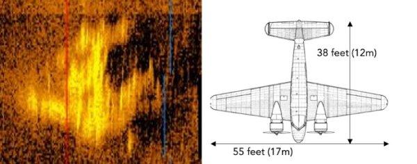 Deep See Vision explorers captured a sonar image of an object that resembles an aircraft on the floor of the Pacific Ocean. (Left) The image on the right is a diagram of the Lockheed Electra flown by Amelia Earhart when she crashed into the ocean on July 2, 1937. (Courtesy of Deep Sea Vision)