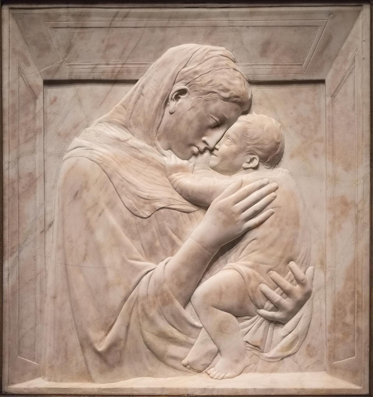 "Pazzi Madonna," circa 1422, by Donatello. Marble. Bode-Museum, Berlin (<a href="https://commons.wikimedia.org/wiki/File:Donatello,_Pazzi-Madonna,_c1422,_Bode_Museum,_Berlin_wof.jpg">MenkinAlRire</a>/<a href="https://creativecommons.org/licenses/by-sa/4.0/deed.en">CC BY-SA 4.0 DEED</a>)