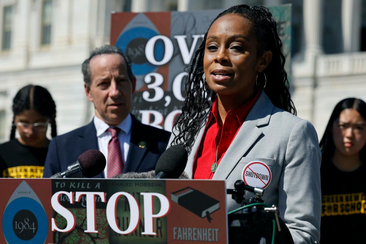 Shontel Brown (D-Ohio) speaks during a news conference with Rep. Jamie Raskin (D-Md.) and fellow House Democrats outside the U.S. Capitol in Washington on Sept. 27, 2023. (Chip Somodevilla/Getty Images)