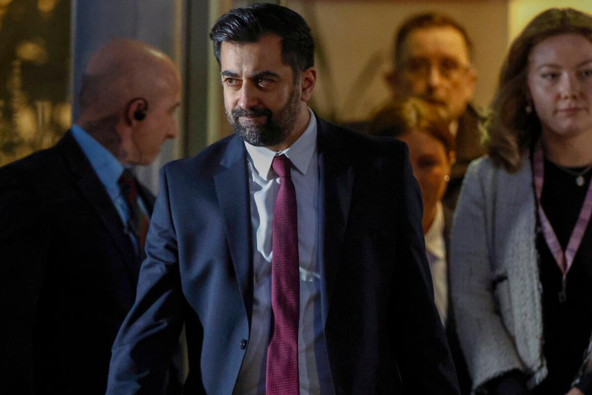 First Minister Humza Yousaf departs the UK COVID Inquiry at the Edinburgh International Conference Centre in Scotland on Jan. 25, 2024. (Jeff J Mitchell/Getty Images)