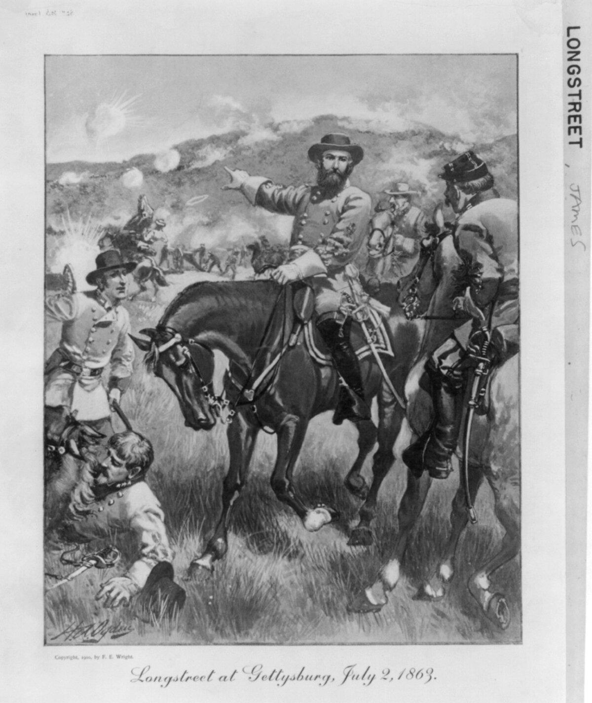 An illustration of James Longstreet commanding soldiers during the Battle of Gettysburg on July 2, 1863. H.A. Ogden, circa 1900. (Public Domain)