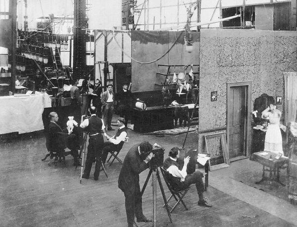 Interior of Edison Motion Picture Studio's main facility in the Bronx, New York City, used between 1907 and 1918. Several productions are shown here in progress simultaneously, with the photograph taken between 1910 and January 1913. (Public Domain)