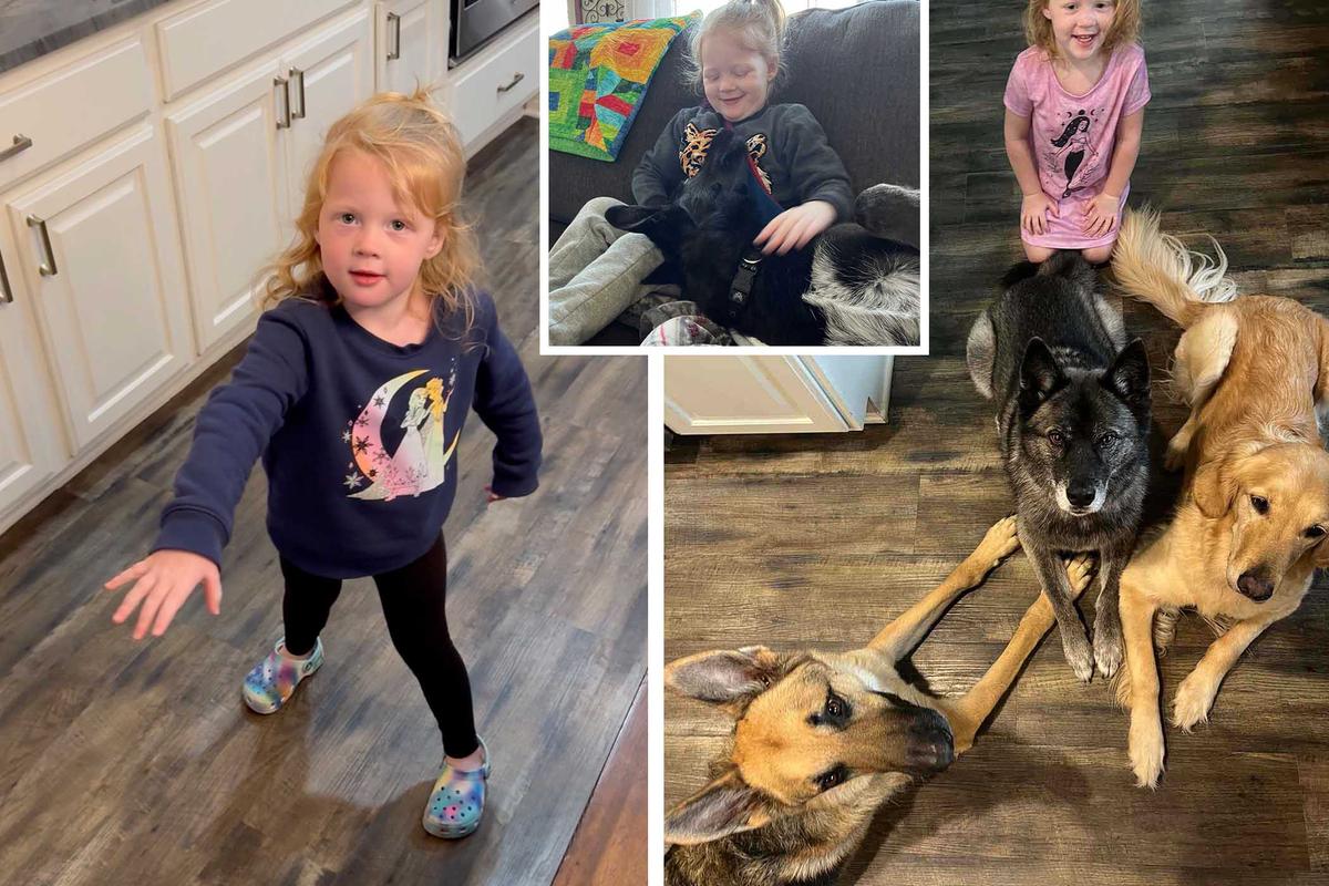 Three-year-old Alora and her three dogs. (Courtesy of Katie and Freddie Brim)