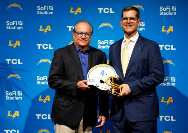 Chargers owner and Chairman of the Board Dean Spanos, left, and newly appointed head coach Jim Harbaugh in Inglewood, Calif., on Feb 1, 2024. (Ronald Martinez/Getty Images)