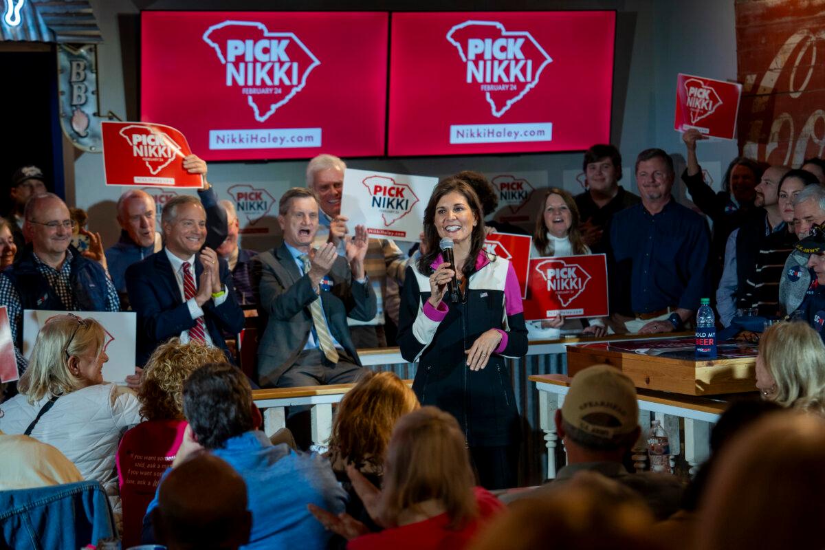 Republican presidential candidate and former U.N. Ambassador Nikki Haley speaks during a campaign event in Hilton Head Island, S.C., on Feb. 1, 2024. (Madalina Vasiliu/The Epoch Times)