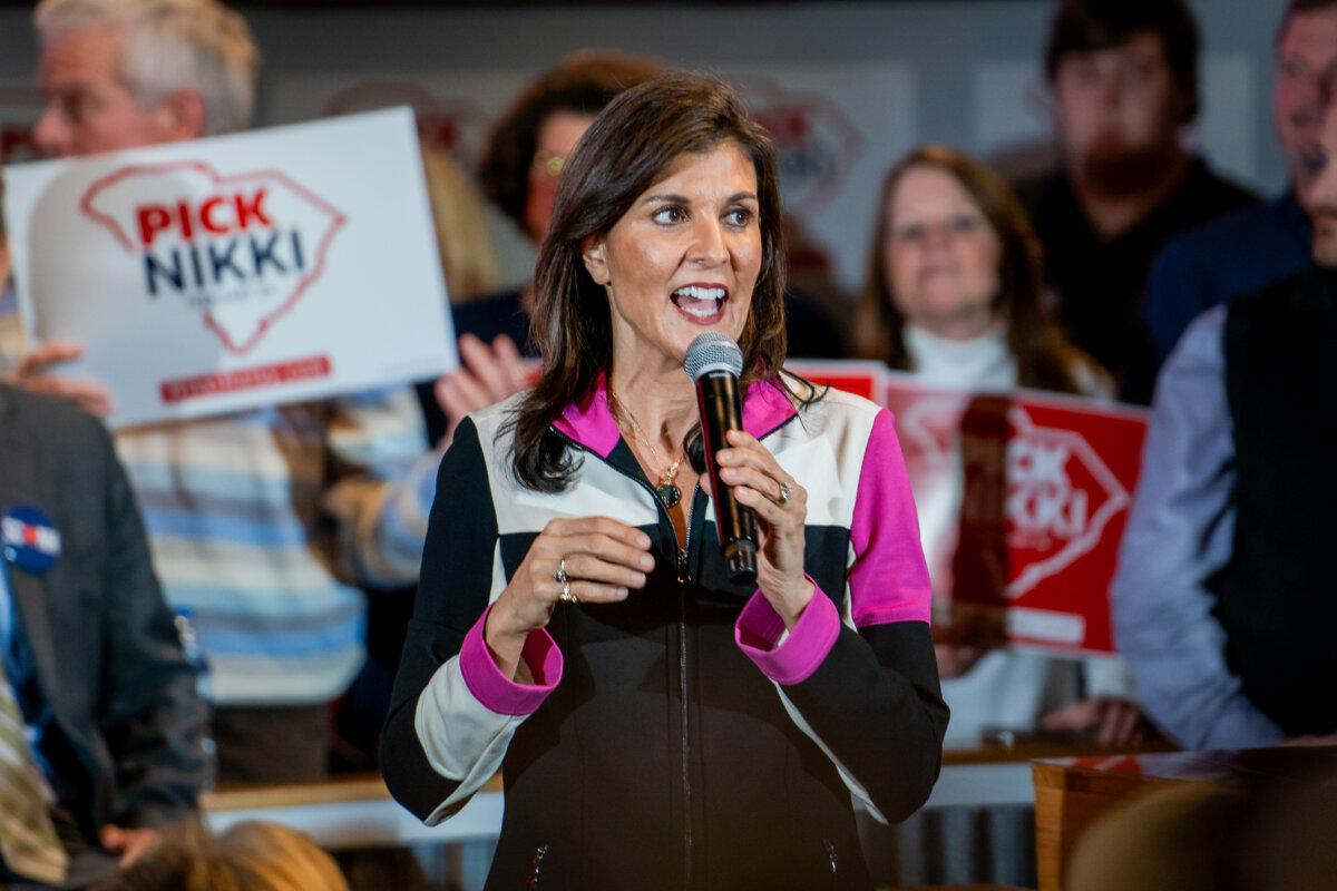 Republican presidential candidate and former U.N. Ambassador Nikki Haley speaks during a campaign event in Hilton Head Island, S.C., on Feb. 1, 2024. (Madalina Vasiliu/The Epoch Times)