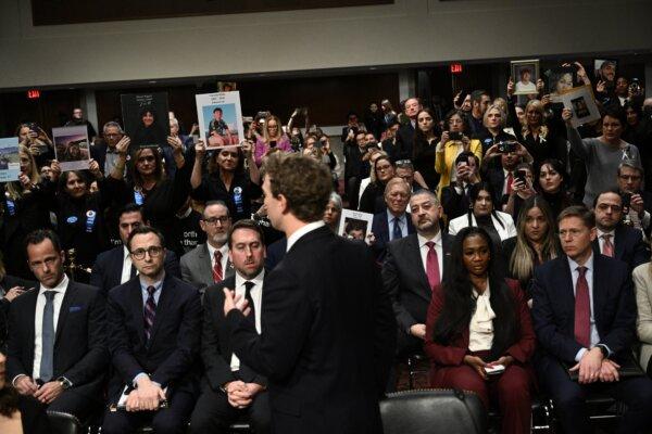 Mark Zuckerberg, CEO of Meta, speaks to victims and their family members as he testifies during the US Senate Judiciary Committee hearing "Big Tech and the Online Child Sexual Exploitation Crisis" in Washington on Jan. 31, 2024. (Brendan Smialowski/AFP via Getty Images)
