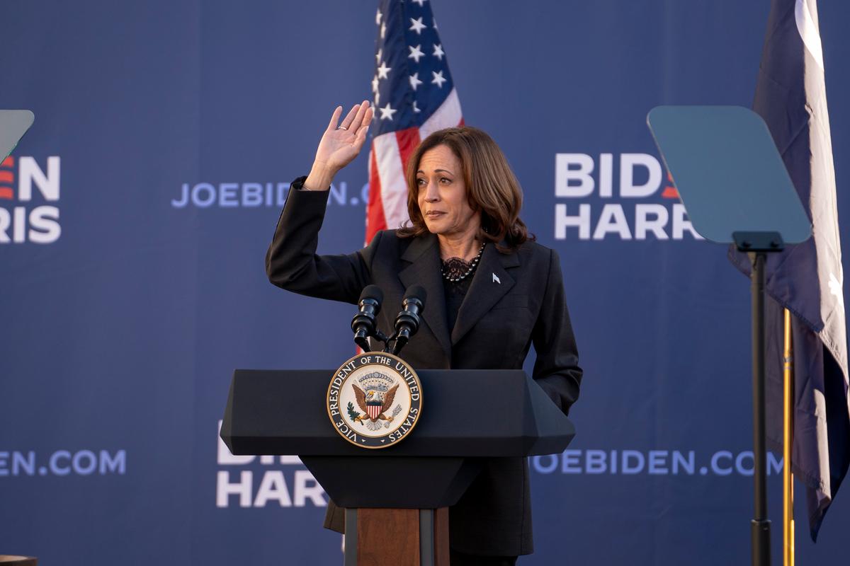 Vice President Kamala Harris speaks at South Carolina State University ahead of the South Carolina Democrats' primary election in Orangeburg, S.C., on Feb. 2, 2024. (Madalina Vasiliu/The Epoch Times)