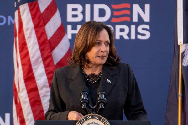 Vice President Kamala Harris speaks at South Carolina State University ahead of the South Carolina Democrats' primary election in Orangeburg, S.C., on Feb. 2, 2024. (Madalina Vasiliu/The Epoch Times)