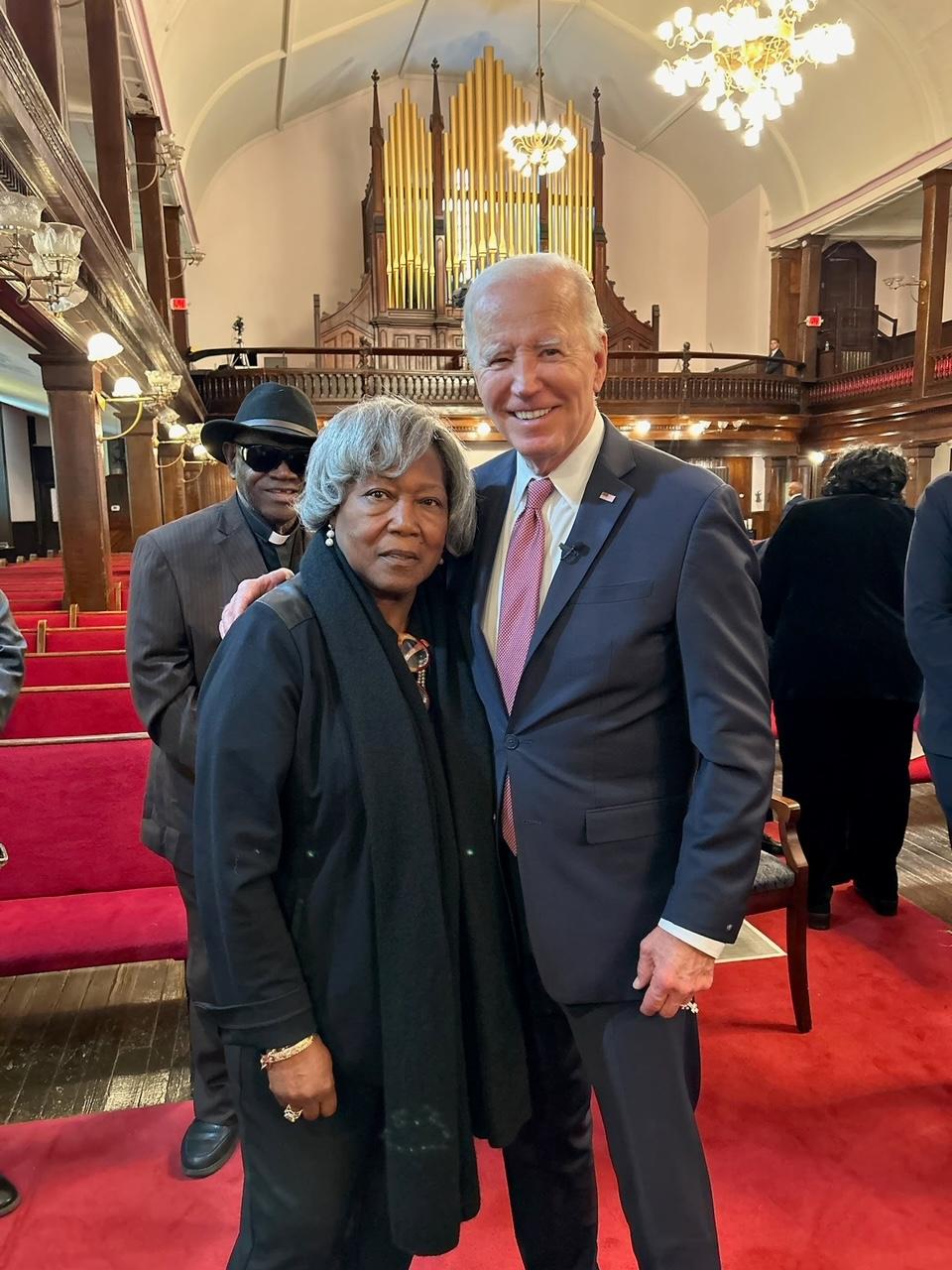 President Joe Biden pictured with Polly Sheppard at Mother Emanuel AME Church in Charleston, S.C., in an undated photo. (Courtesy Polly Sheppard)