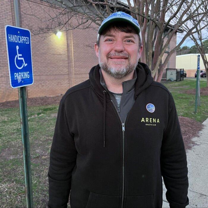 Blake Faries, 39, after casting his vote in the South Carolina Democratic primary on Feb. 3 in Columbia, S.C. (Lawrence Wilson/Epoch Times)