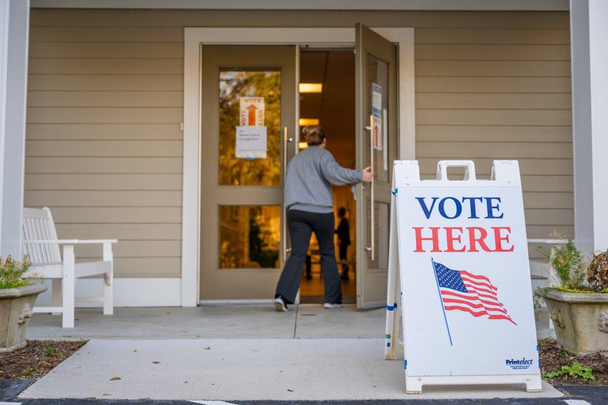 A person walks in to cast their ballot at the Eastbridge Presbyterian Church in Mount Pleasant, S.C., on Feb. 3, 2024. (Brandon Bell/Getty Images)