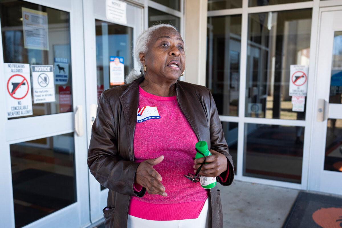Yvonne Julian, a poll worker during the Democratic primary election day, speaks during an interview with The Epoch Times at a polling site in Greenville, S.C., on Feb. 3, 2024. (Madalina Vasiliu/The Epoch Times)