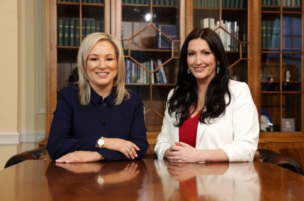 Handout photo issued by the Northern Ireland Executive of newly appointed First Minister Michelle O'Neill (L) and deputy First Minister Emma Little-Pengelly on Feb. 3, 2024. (Northern Ireland Executive/PA Wire)