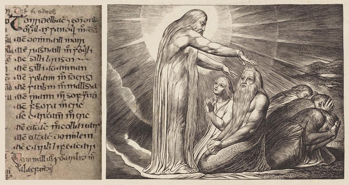 (L) An excerpt from folio 25v of "MS G 2 ("The O Cianain Miscellany")," 14th century, by Adhamh O Cianain. The National Library of Ireland, Dublin. (R) A detail of "The Vision of God," 1825, by William Blake. Engraving on India paper. National Gallery of Art, Washington. (Public Domain)