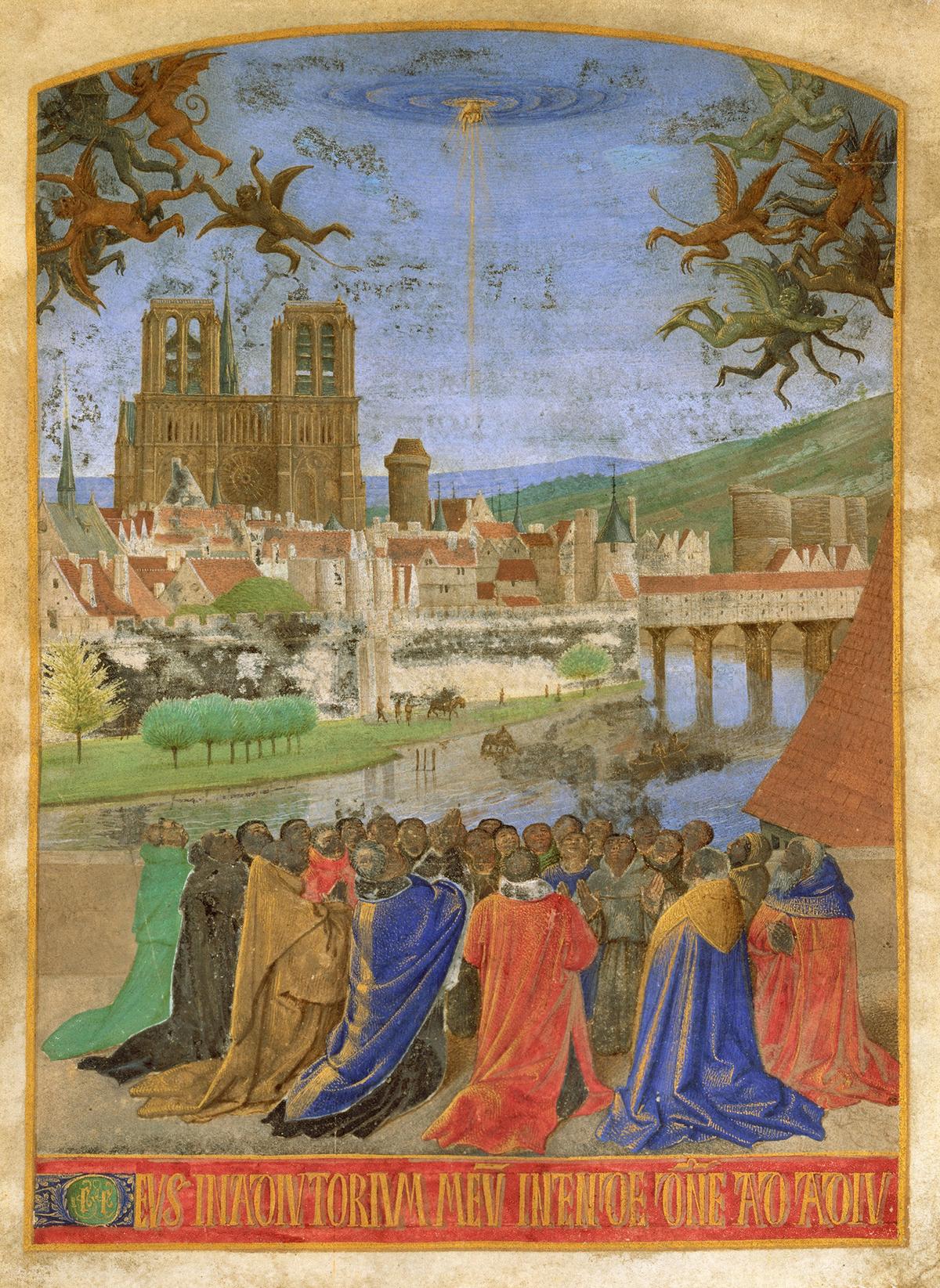 A manuscript leaf of The Right Hand of "God Protecting the Faithful against the Demons," circa 1452–1460, by Jean Fouquet. Tempera and gold leaf on parchment. The Metropolitan Museum of Art, New York City. (Public Domain)